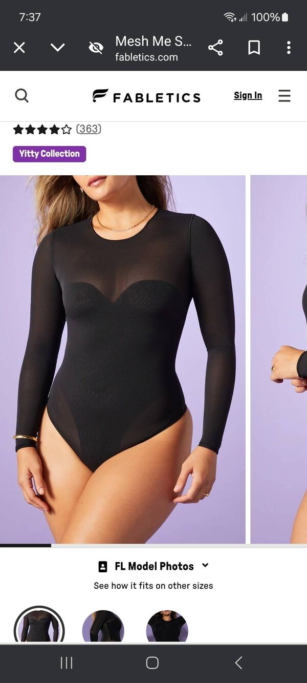 New Small Fabletics Yitty Iconic Black Mesh Me Smoothing Sleeved Thong Bodysuit